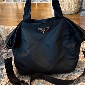 Prada Black Nylon Shoulder Tote with Logo Plaque